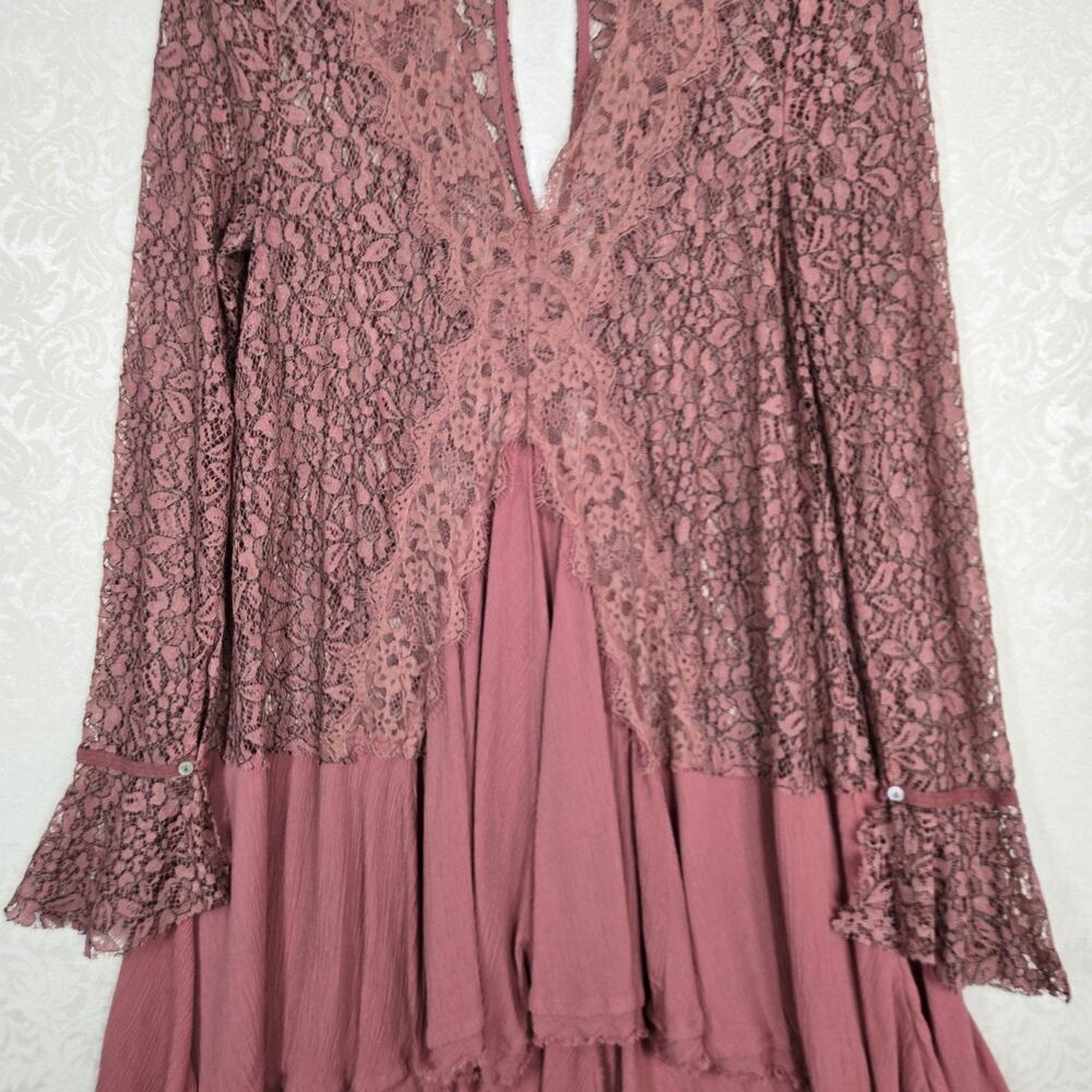 Free People Tell Tale Lace Tunic Dress M Rosy Coral Ethereal Fairycore Boho - Picture 5 of 16